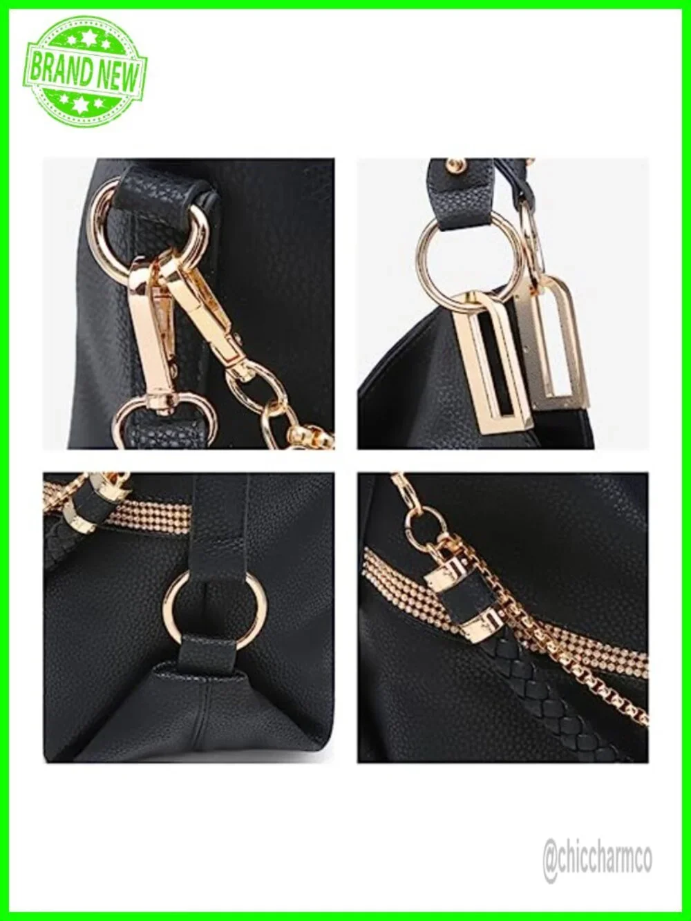 Large Hobo Bag with Rhinestone Accents Vegan Leather Tote Shoulder Handbag
